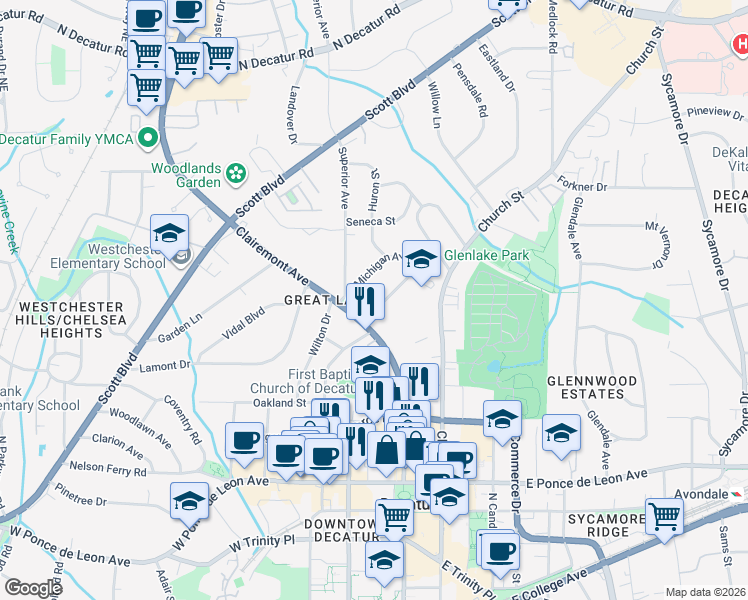 map of restaurants, bars, coffee shops, grocery stores, and more near 519 Clairemont Avenue in Decatur