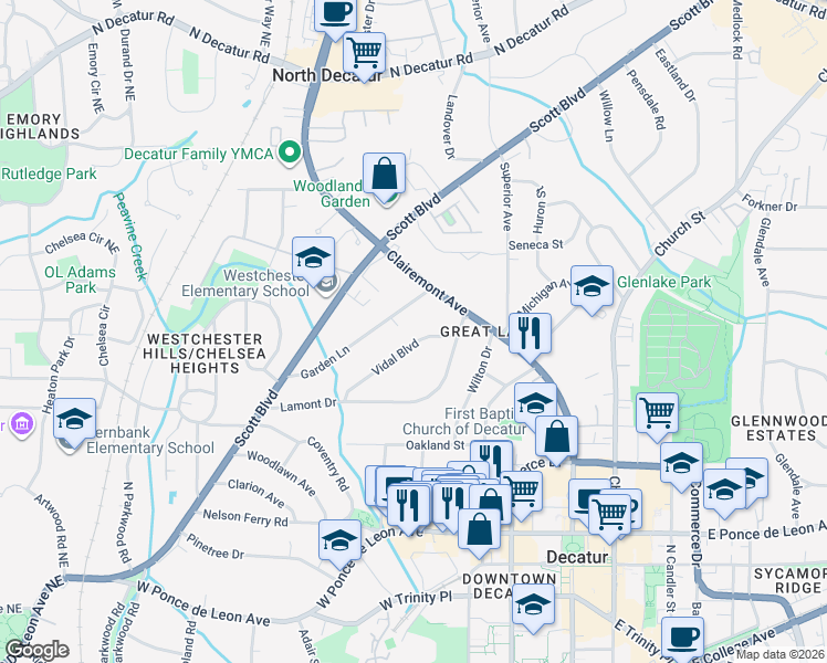 map of restaurants, bars, coffee shops, grocery stores, and more near 148 Vidal Boulevard in Decatur