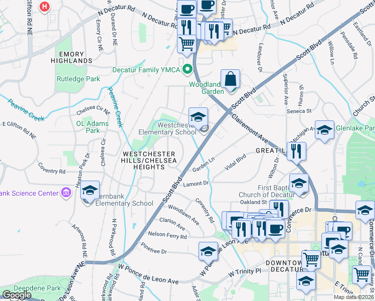 map of restaurants, bars, coffee shops, grocery stores, and more near 116 Mockingbird Lane in Decatur