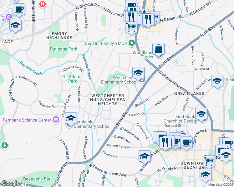 map of restaurants, bars, coffee shops, grocery stores, and more near 135 Ridley Circle in Decatur
