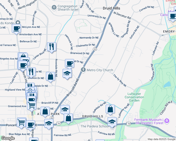 map of restaurants, bars, coffee shops, grocery stores, and more near 1043 Briarcliff Road Northeast in Atlanta