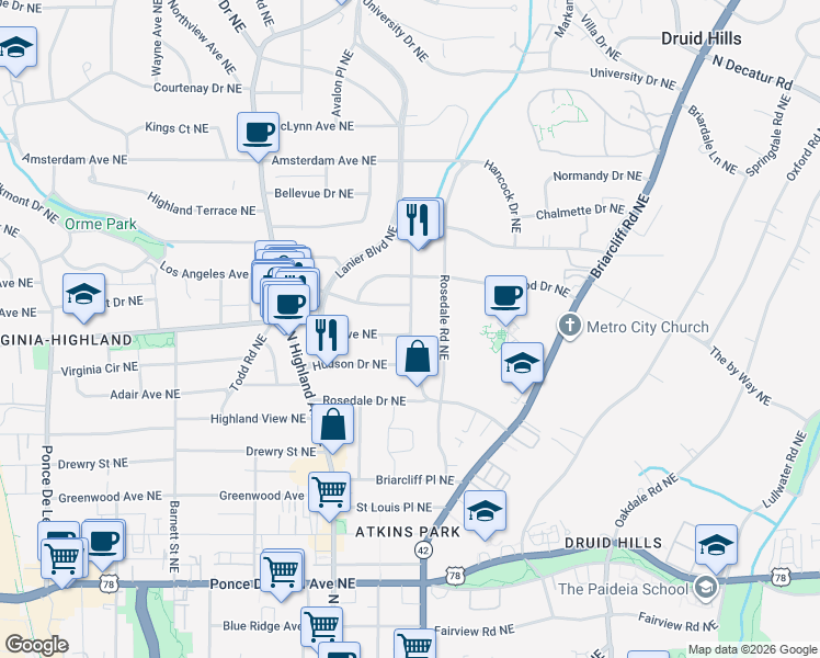 map of restaurants, bars, coffee shops, grocery stores, and more near 1153 North Virginia Avenue Northeast in Atlanta