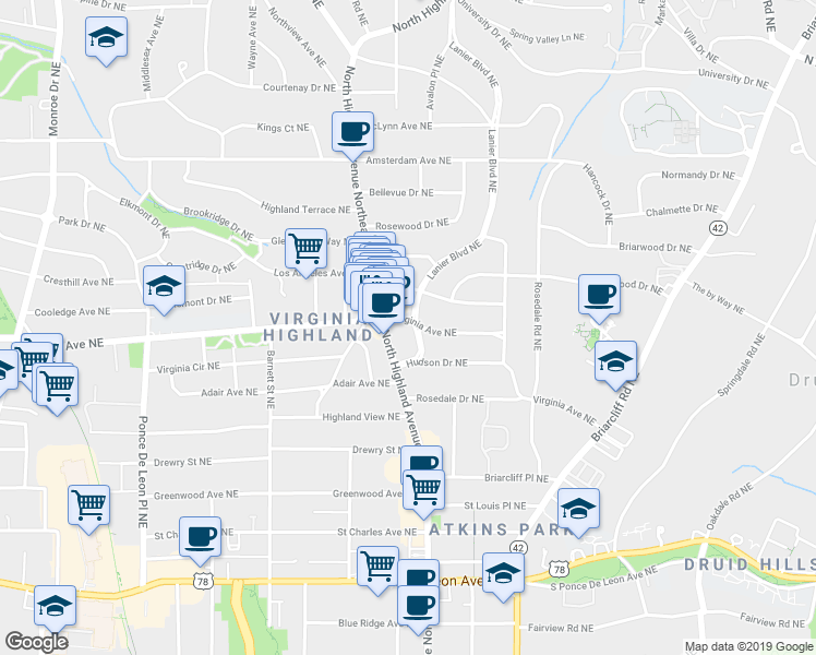 map of restaurants, bars, coffee shops, grocery stores, and more near 982 North Highland Avenue Northeast in Atlanta