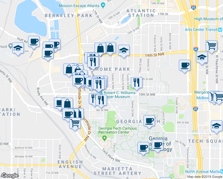 map of restaurants, bars, coffee shops, grocery stores, and more near 497 10th Street Northwest in Atlanta