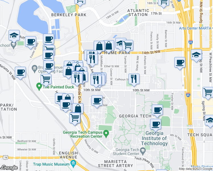 map of restaurants, bars, coffee shops, grocery stores, and more near 497 10th Street Northwest in Atlanta