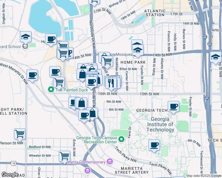 map of restaurants, bars, coffee shops, grocery stores, and more near 539 10th Street Northwest in Atlanta