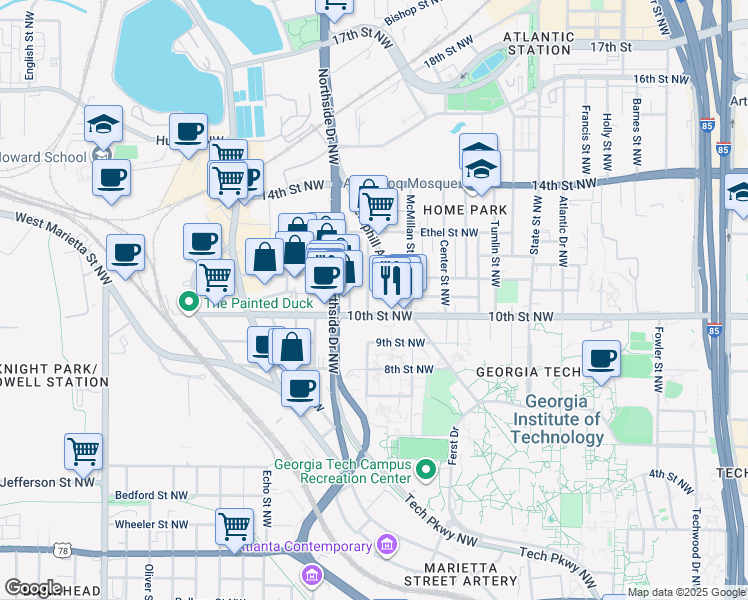 map of restaurants, bars, coffee shops, grocery stores, and more near 591 10th Street Northwest in Atlanta