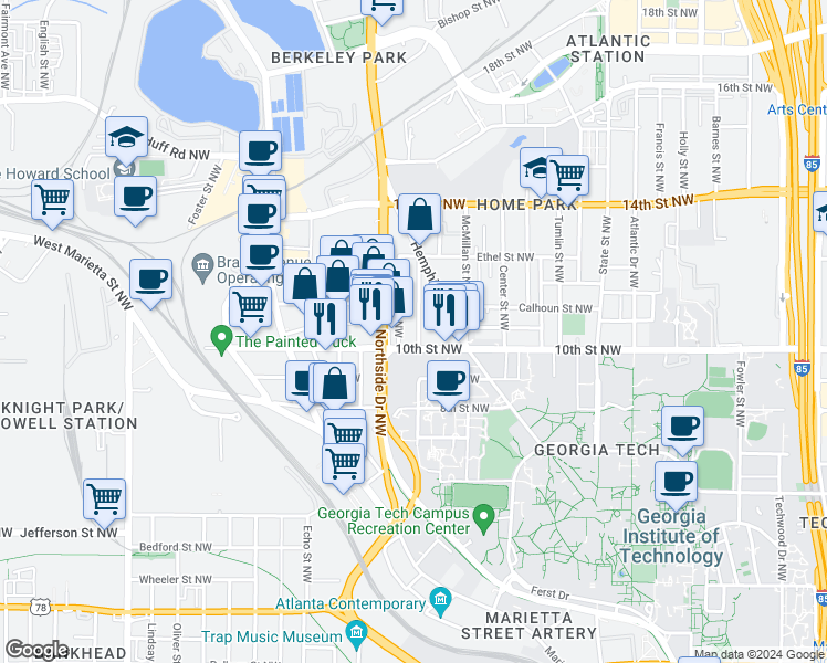 map of restaurants, bars, coffee shops, grocery stores, and more near 591 10th Street Northwest in Atlanta