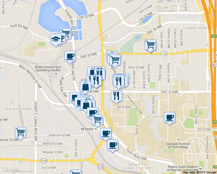 map of restaurants, bars, coffee shops, grocery stores, and more near 591 10th Street Northwest in Atlanta