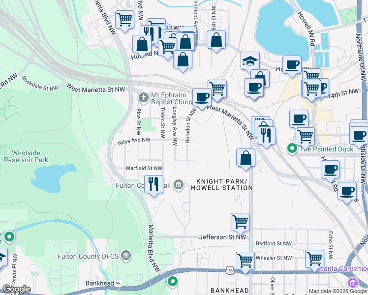 map of restaurants, bars, coffee shops, grocery stores, and more near 973 Herndon Street Northwest in Atlanta