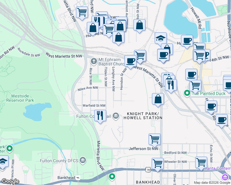 map of restaurants, bars, coffee shops, grocery stores, and more near 973 Herndon Street Northwest in Atlanta