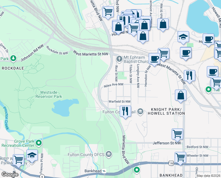 map of restaurants, bars, coffee shops, grocery stores, and more near 974 Rice Street Northwest in Atlanta