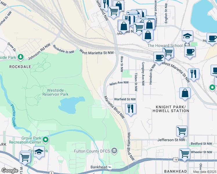 map of restaurants, bars, coffee shops, grocery stores, and more near 1304 Niles Avenue Northwest in Atlanta