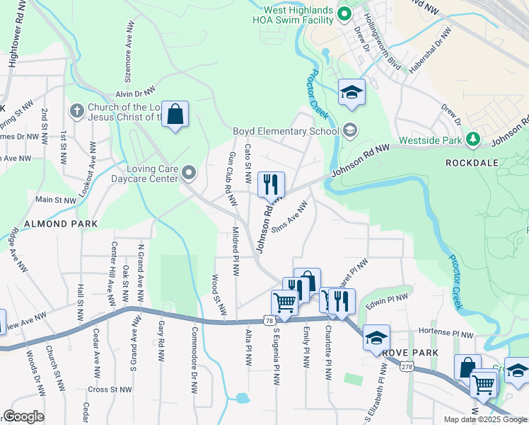 map of restaurants, bars, coffee shops, grocery stores, and more near 28 Johnson Road Northwest in Atlanta