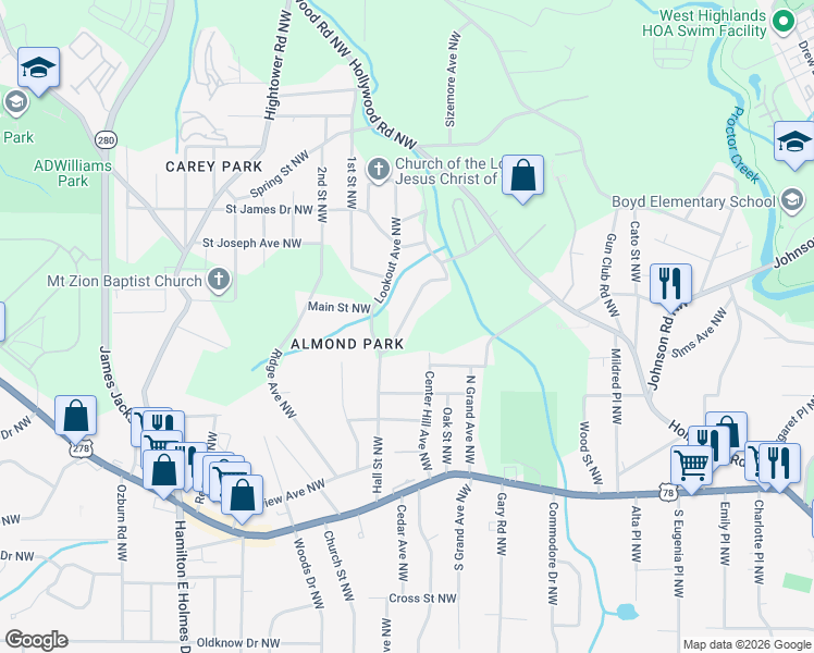 map of restaurants, bars, coffee shops, grocery stores, and more near 987 Ada Avenue Northwest in Atlanta