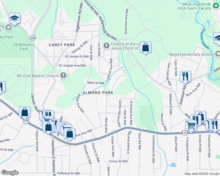 map of restaurants, bars, coffee shops, grocery stores, and more near 987 Ada Avenue Northwest in Atlanta