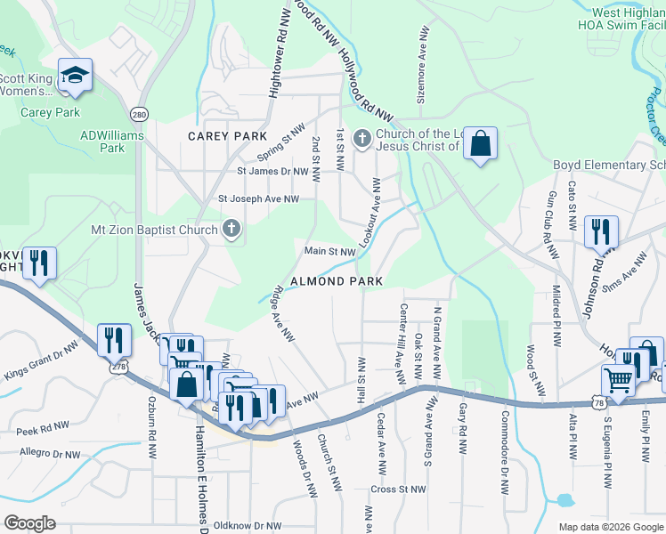 map of restaurants, bars, coffee shops, grocery stores, and more near 940 Capitol View Avenue Northwest in Atlanta