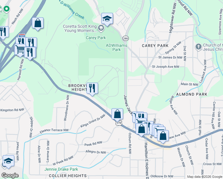 map of restaurants, bars, coffee shops, grocery stores, and more near 900-1058 Wilkes Cir NW in Atlanta