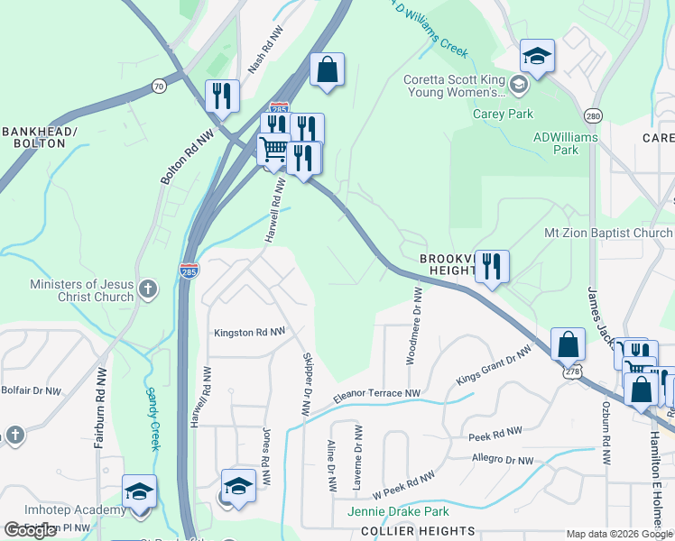 map of restaurants, bars, coffee shops, grocery stores, and more near 3086 Azlee Place Northwest in Atlanta