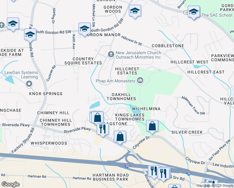 map of restaurants, bars, coffee shops, grocery stores, and more near 6964 Oakhill Circle in Austell