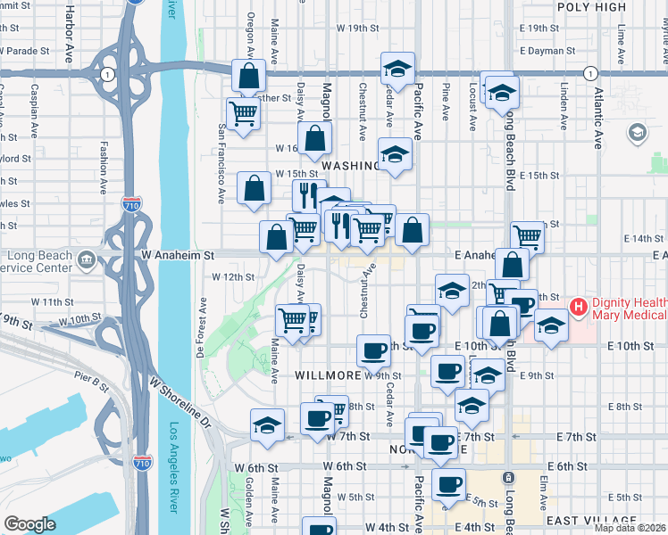 map of restaurants, bars, coffee shops, grocery stores, and more near 1238 Magnolia Avenue in Long Beach