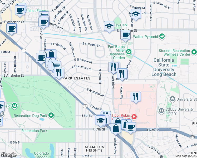 map of restaurants, bars, coffee shops, grocery stores, and more near 1251 Bryant Road in Long Beach