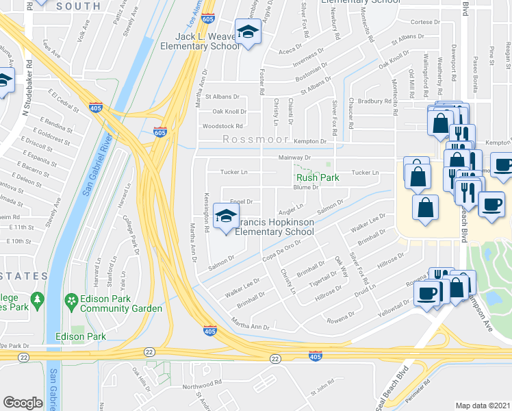 map of restaurants, bars, coffee shops, grocery stores, and more near 12431 Foster Road in Los Alamitos