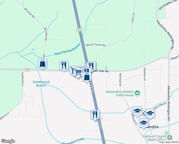 map of restaurants, bars, coffee shops, grocery stores, and more near 7500 U.S. 431 in Alexandria