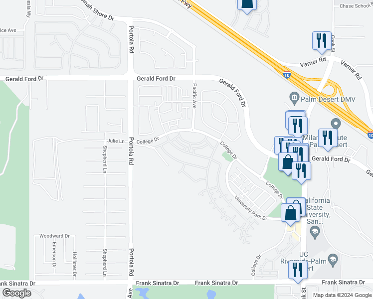 map of restaurants, bars, coffee shops, grocery stores, and more near 75237 Buckley Drive in Palm Desert