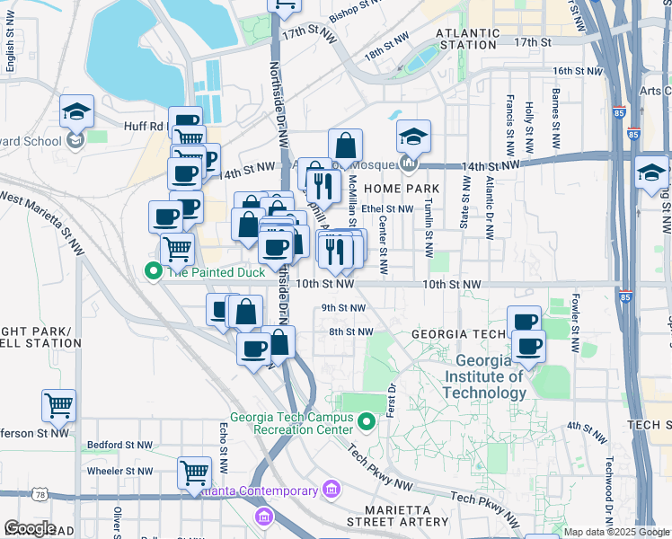 map of restaurants, bars, coffee shops, grocery stores, and more near 539 10th Street Northwest in Atlanta