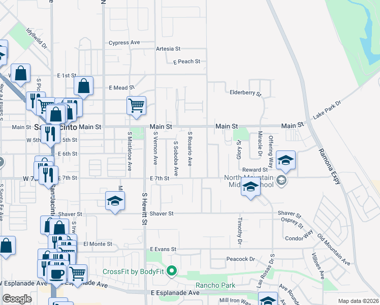 map of restaurants, bars, coffee shops, grocery stores, and more near South Rosario Avenue in San Jacinto