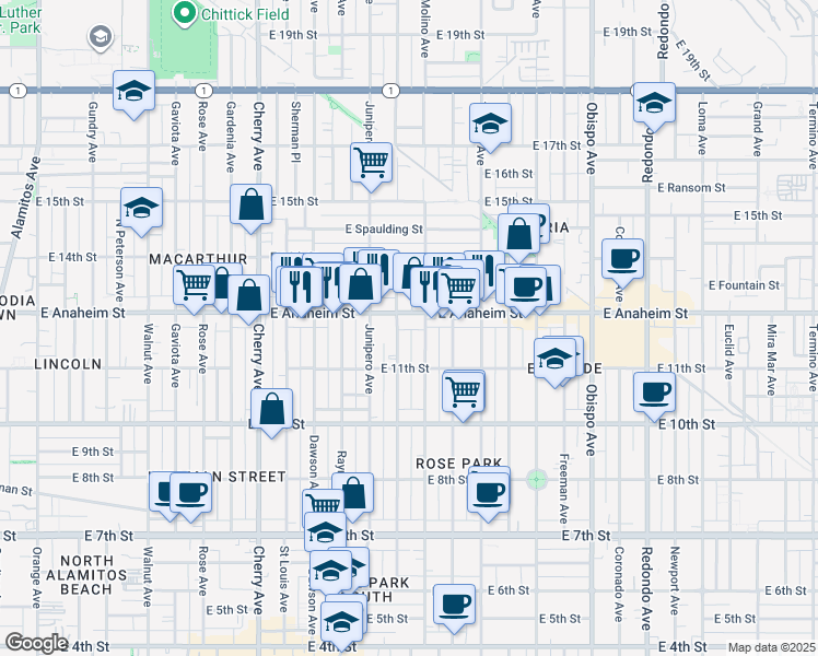 map of restaurants, bars, coffee shops, grocery stores, and more near 2516 East Anaheim Street in Long Beach