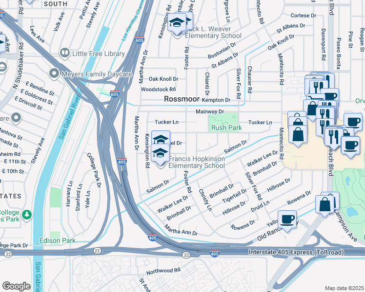 map of restaurants, bars, coffee shops, grocery stores, and more near 12431 Foster Road in Los Alamitos