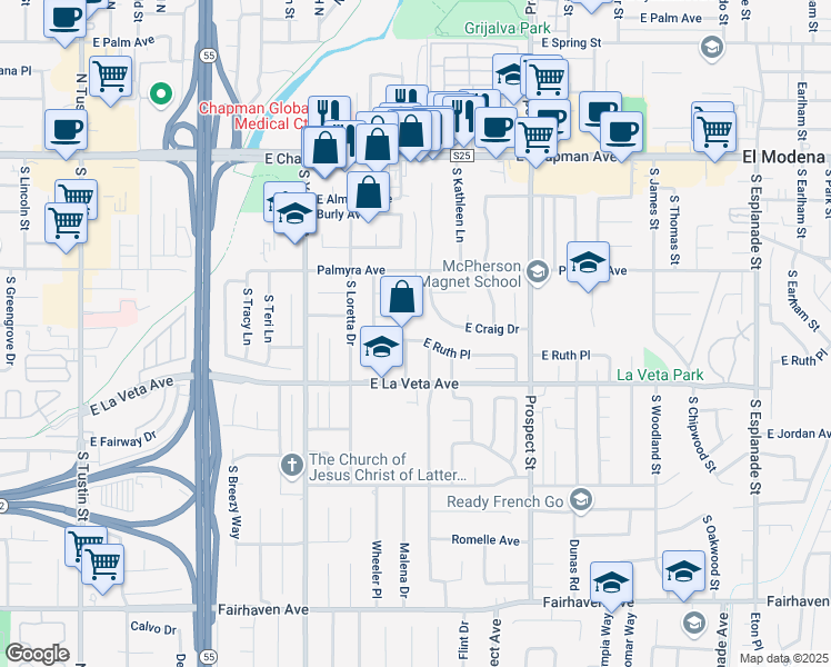 map of restaurants, bars, coffee shops, grocery stores, and more near 438 South Malena Drive in Orange