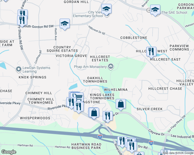 map of restaurants, bars, coffee shops, grocery stores, and more near 7064 Oakhill Circle in Austell