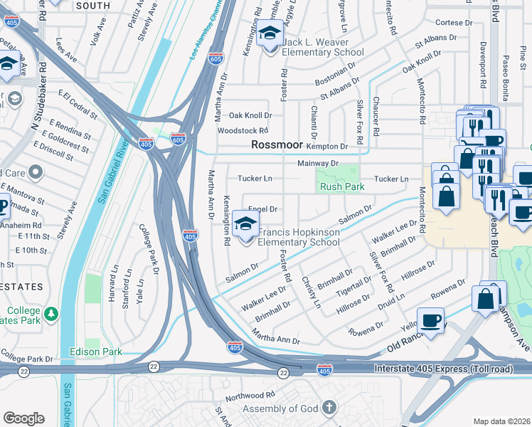 map of restaurants, bars, coffee shops, grocery stores, and more near 2762 Engel Drive in Los Alamitos