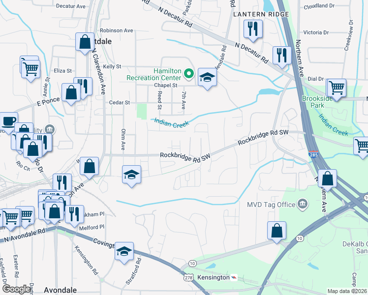map of restaurants, bars, coffee shops, grocery stores, and more near 3252 Rockbridge Road Southwest in Avondale Estates