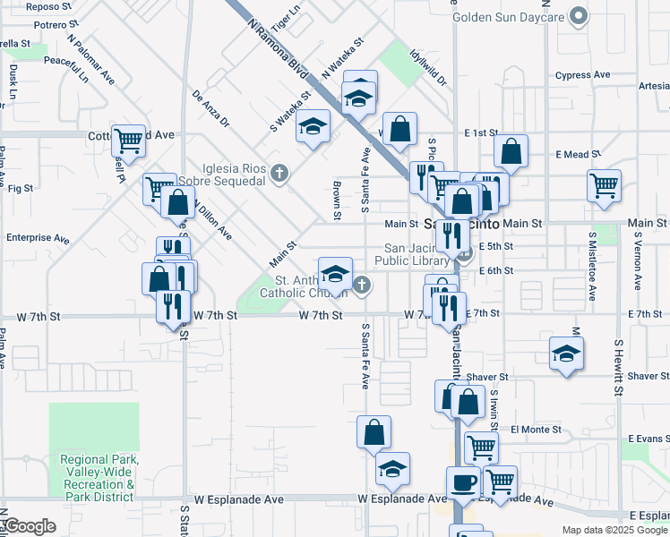 map of restaurants, bars, coffee shops, grocery stores, and more near 469 West 6th Street in San Jacinto