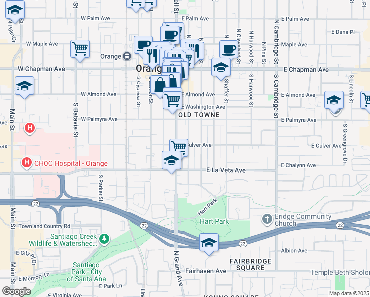 map of restaurants, bars, coffee shops, grocery stores, and more near 412 South Orange Street in Orange