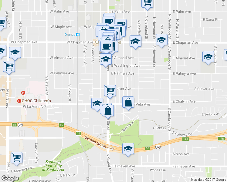 map of restaurants, bars, coffee shops, grocery stores, and more near 412 South Orange Street in Orange