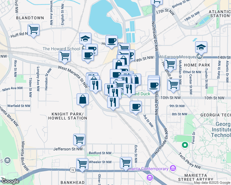 map of restaurants, bars, coffee shops, grocery stores, and more near in Atlanta