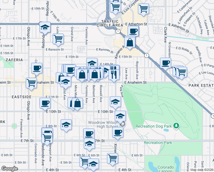 map of restaurants, bars, coffee shops, grocery stores, and more near 1137 Bennett Avenue in Long Beach