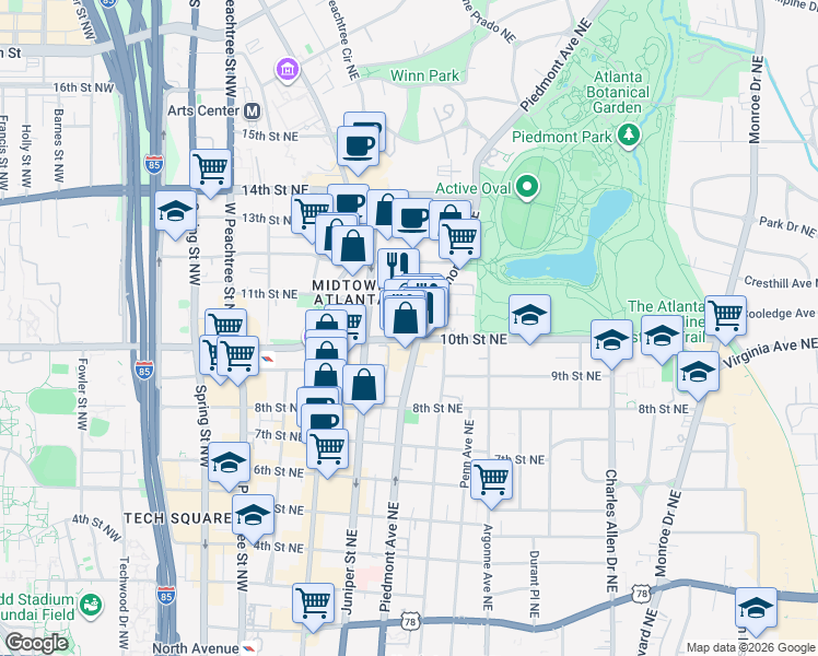 map of restaurants, bars, coffee shops, grocery stores, and more near in Atlanta