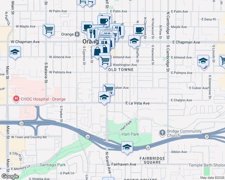 map of restaurants, bars, coffee shops, grocery stores, and more near 412 South Orange Street in Orange