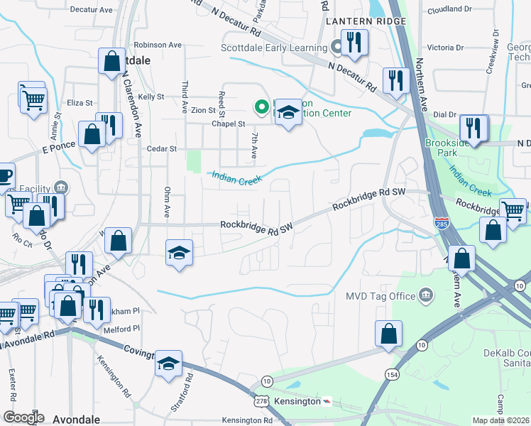 map of restaurants, bars, coffee shops, grocery stores, and more near 575 Cobblestone Trail in Avondale Estates