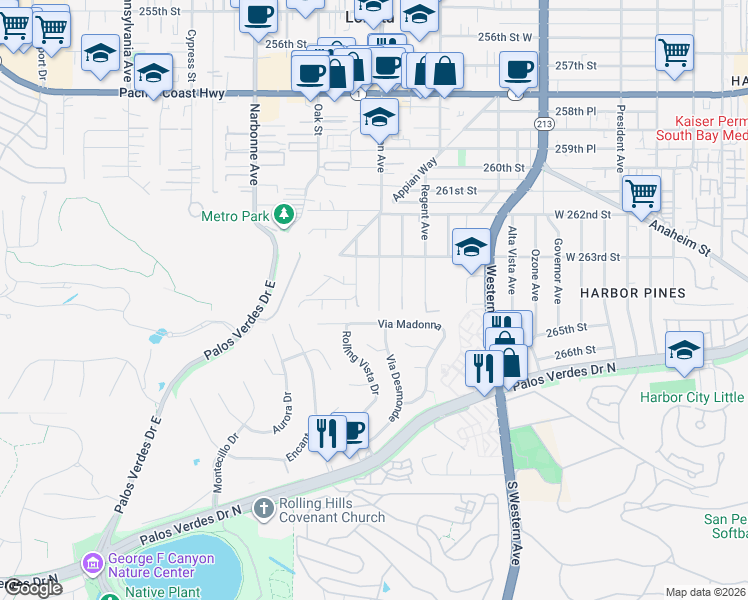 map of restaurants, bars, coffee shops, grocery stores, and more near 2031 Via Madonna in Lomita
