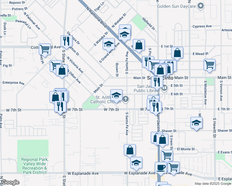 map of restaurants, bars, coffee shops, grocery stores, and more near 2 West 6th Street in San Jacinto