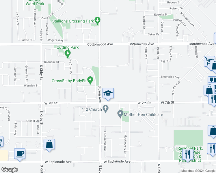 map of restaurants, bars, coffee shops, grocery stores, and more near 551 South Lyon Avenue in San Jacinto