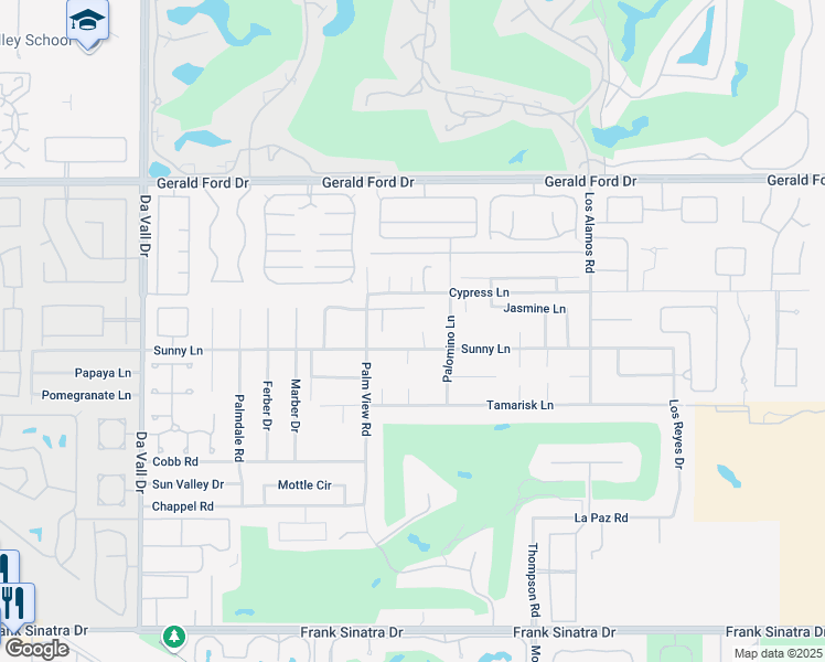 map of restaurants, bars, coffee shops, grocery stores, and more near 70605 Sunny Lane in Rancho Mirage