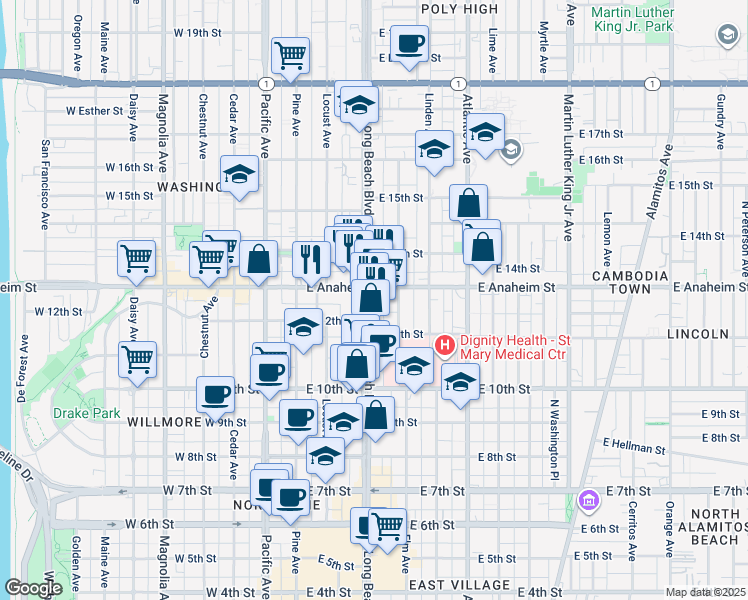 map of restaurants, bars, coffee shops, grocery stores, and more near 1201 Long Beach Boulevard in Long Beach